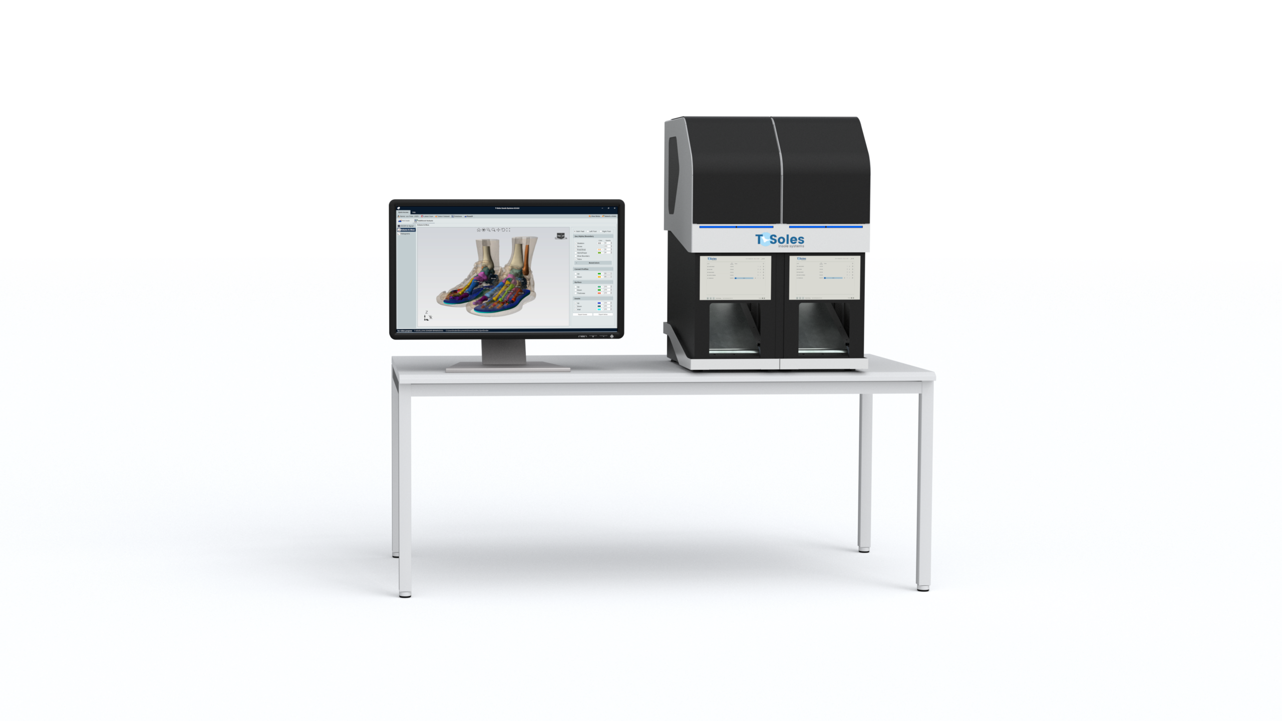 T-Soles design software next to the T-Soles 3D printer